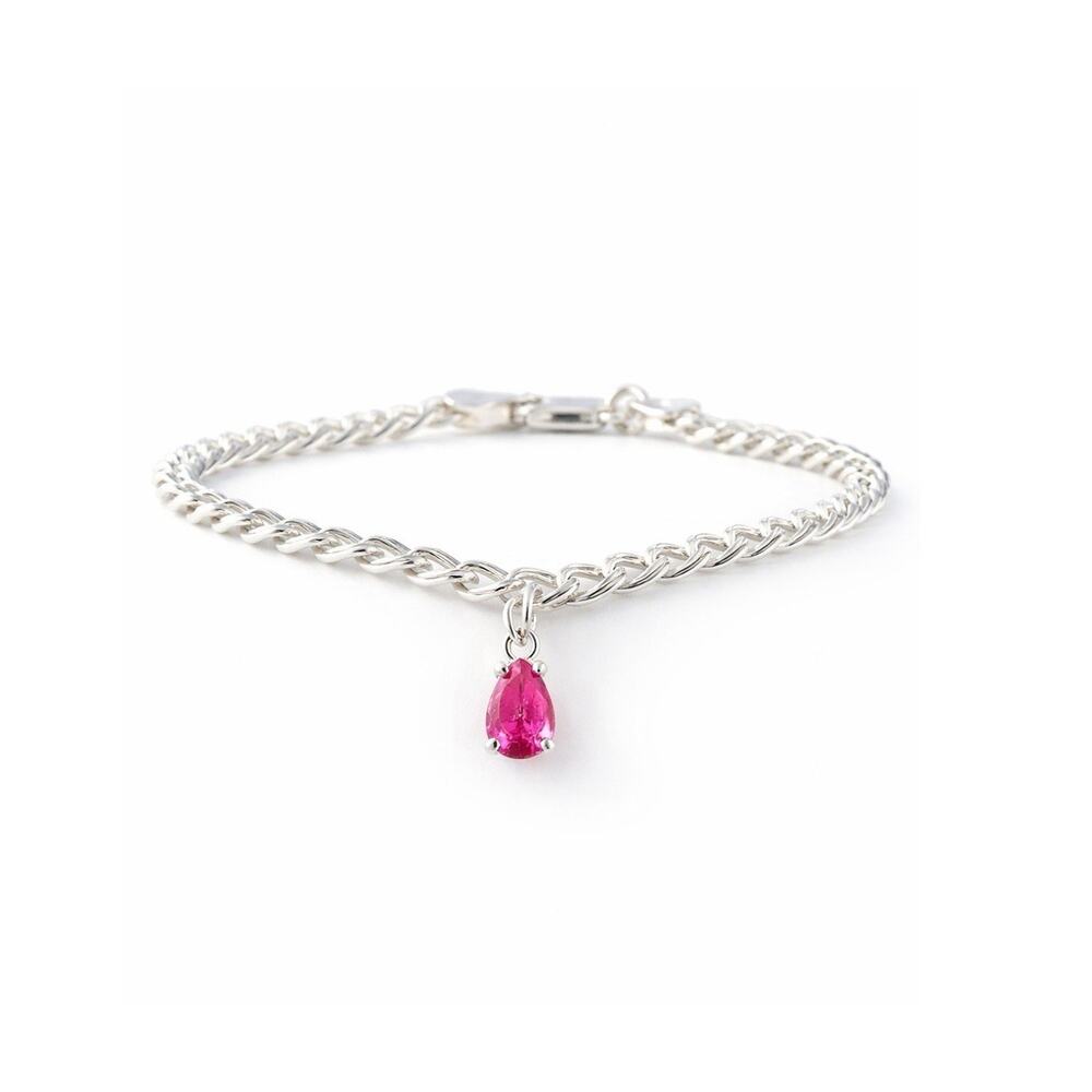 925 Sterling Silver Pink Sapphire Bracelet Italy Pear Charm Dangle Link Bracelet